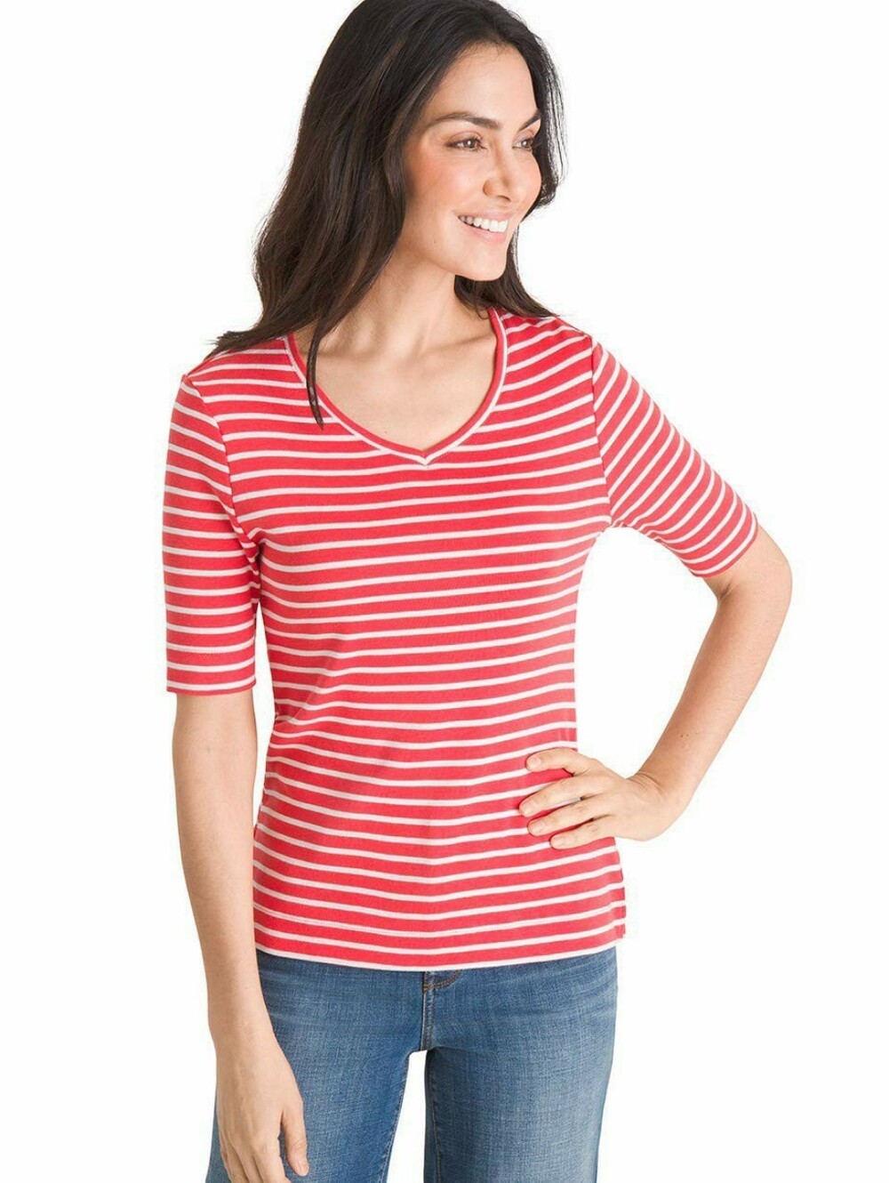 Chico's Coral Pink Orange and White Striped V-Neck Ultimate Tee Elbow Sleeves 1